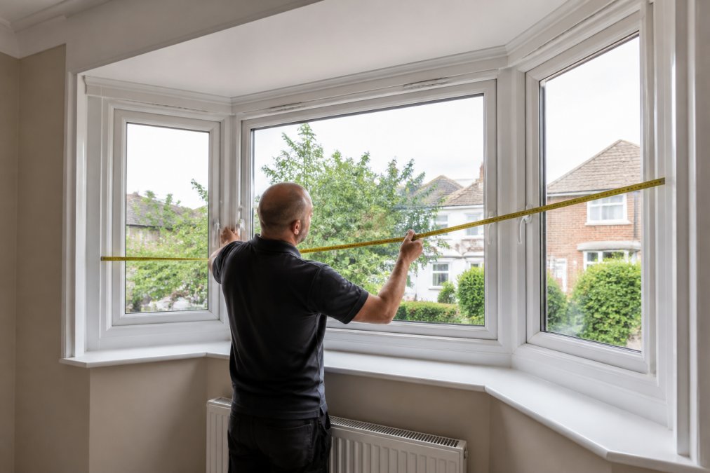 Homeowner using tape measure to take precise measurements across bay window frame at multiple points, showing measurement technique at angles and corners with natural daylight