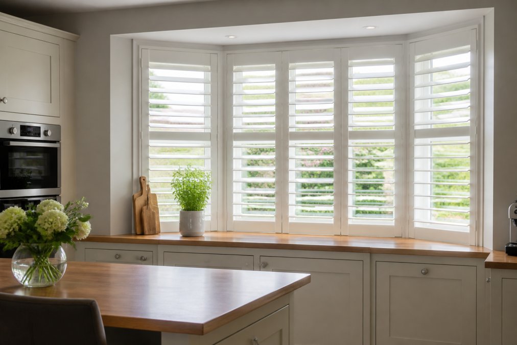 Modern kitchen featuring a bay window with custom-fitted plantation shutters, showing natural light filtering through partially open shutters with clean lines against the window frame and polished wood surfaces