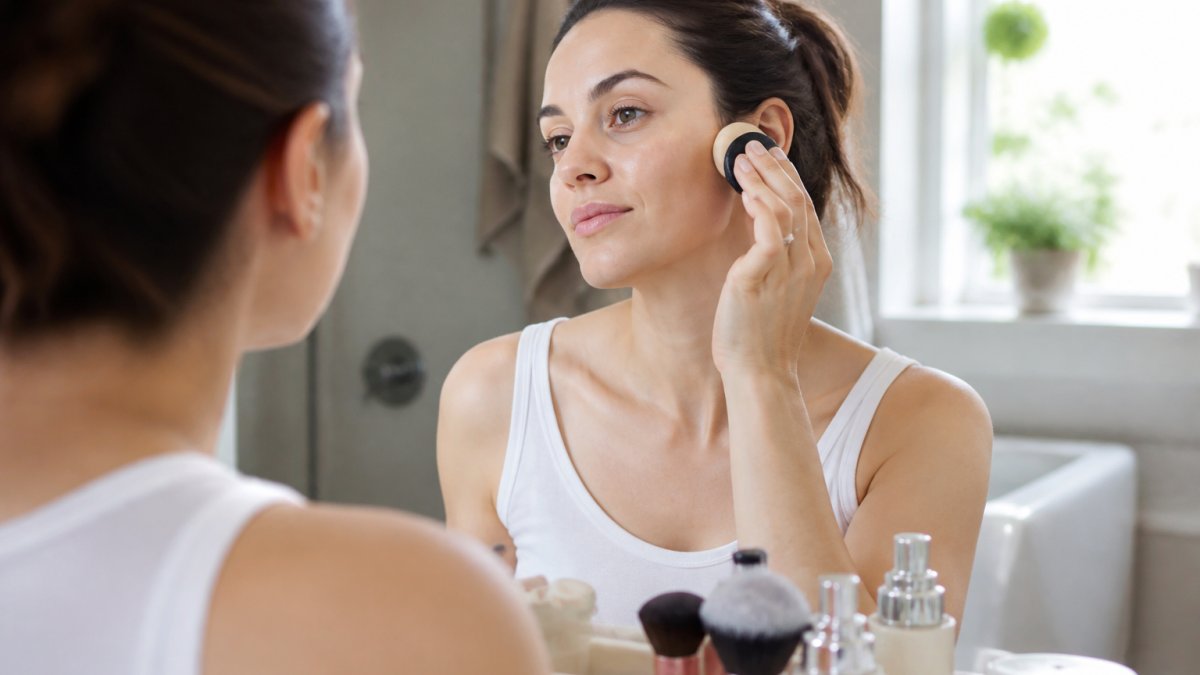 Close-up of a woman's hands using a mushroom-head air cushion applicator to press BB cream onto her cheek in a bright bathroom with natural light