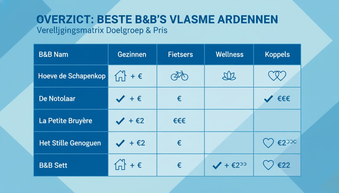 Vergelijkingsmatrix van 10 B&B's in de Vlaamse Ardennen: rijen tonen B&B-namen (Hoeve de Schapenkop, De Notelaar, La Petite Bruyère, Het Stille Genoegen, B&B Sett), kolommen tonen doelgroepen (gezinnen, fietsers, wellness, koppels) met geschiktheidssymbolen en prijsindicatoren € / €€ / €€€