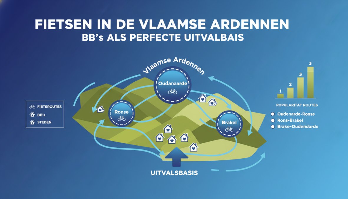 Kaartdiagram van de Vlaamse Ardennen met steden Ronse, Oudenaarde, Brakel en Zwalm aangeduid als knooppunten. Fietsroutes weergegeven als gekleurde lijnen: Ronde van Vlaanderen-parcours (rood), knooppuntennetwerk (blauw), MTB-routes (groen). B&B-locaties aangeduid met iconen per categorie: kindvriendelijk (geel), wellness (paars), cultuur (oranje)