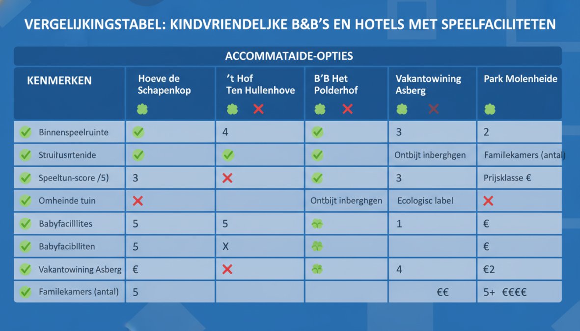 Feature comparison matrix: rows = Hoeve de Schapenkop, 't Hof Ten Hullenhove, B&B Het Polderhof, Vakantiewoning Asberg, Park Molenheide; columns = Binnenspeelruimte (ja/nee), Speeltuin-score (/5), Omheinde tuin (ja/nee), Babyfaciliteiten (ja/nee), Ontbijt inbegrepen (ja/nee), Ecologisch label (ja/nee), Familiekamers (aantal), Prijsklasse