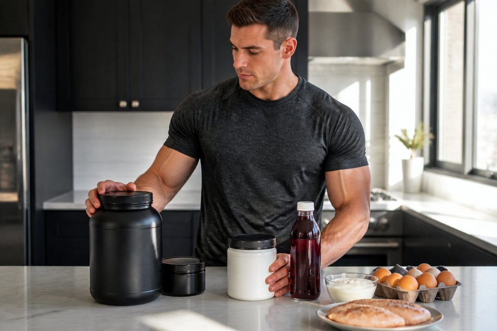 Fitness enthusiast holding various supplement containers including protein powder, creatine, and tart cherry juice alongside whole food sources like eggs, grilled chicken breast, and Greek yogurt on a modern kitchen counter with natural morning light