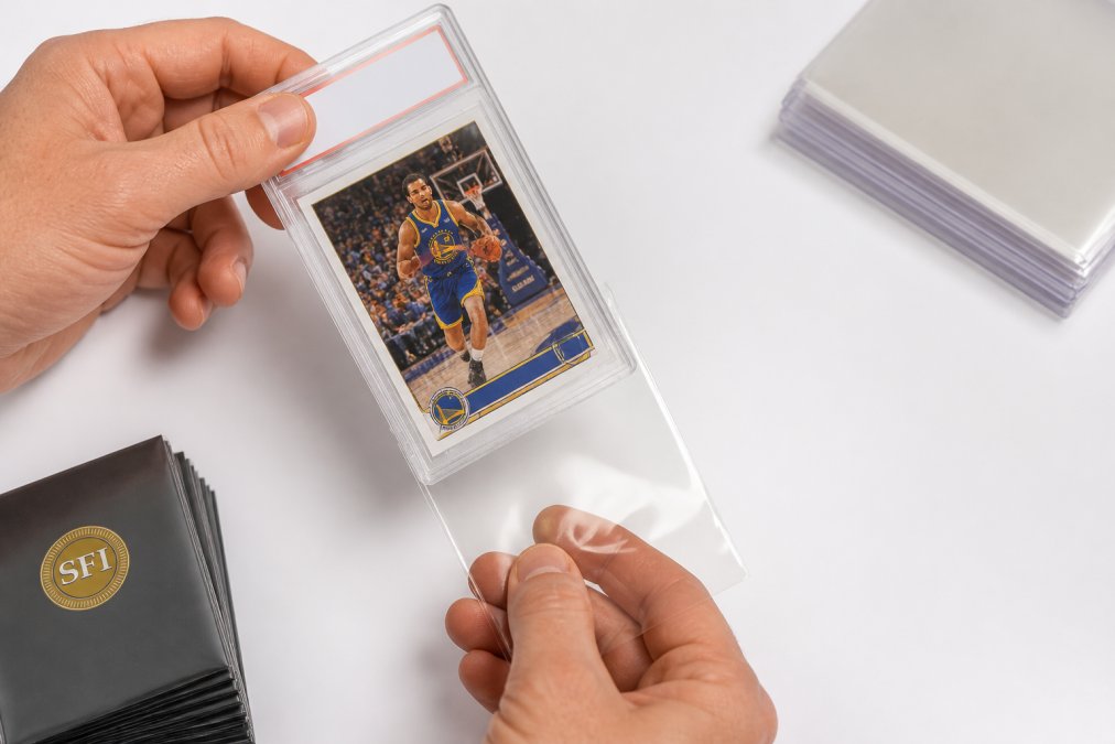 Close-up of a collector's hands sliding a graded PSA slab into a crystal-clear tapered protective sleeve on a clean white display surface, showing the snug fit and distortion-free clarity of the sleeve material