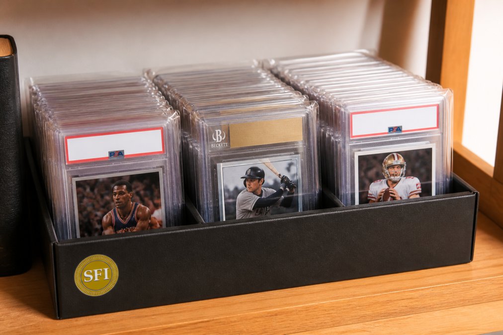 A neatly organized collection of graded card slabs in clear protective sleeves displayed upright in a storage box on a wooden shelf, showing multiple PSA and BGS holders with scratch-free, crystal-clear sleeve surfaces under warm ambient lighting