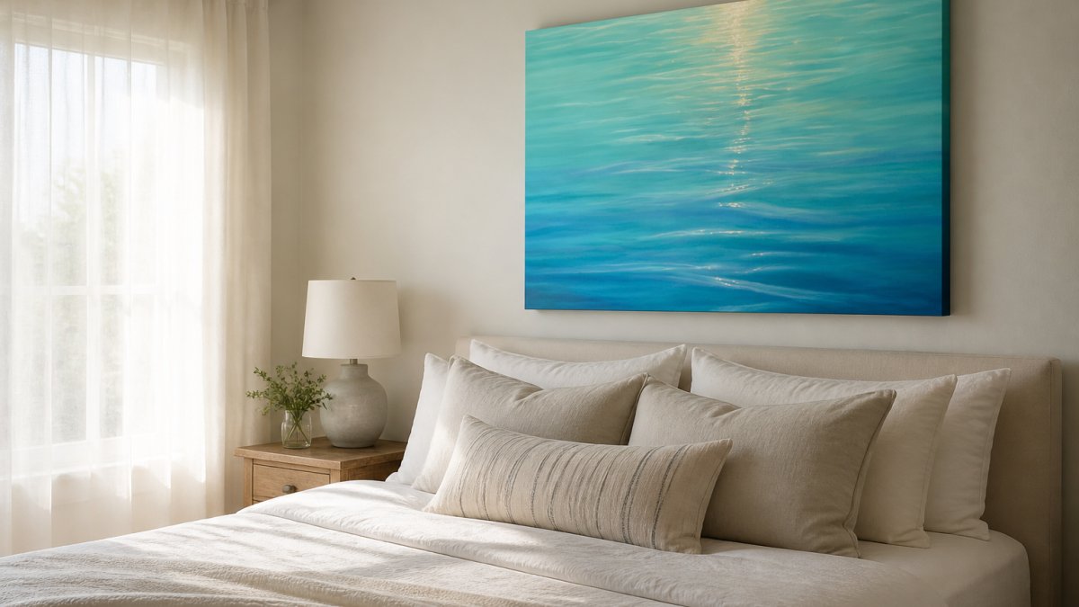 Modern bedroom with soft neutral bedding and a large Ocean Bliss stretched canvas print positioned above the bed, natural morning light streaming through sheer curtains, creating a peaceful coastal atmosphere
