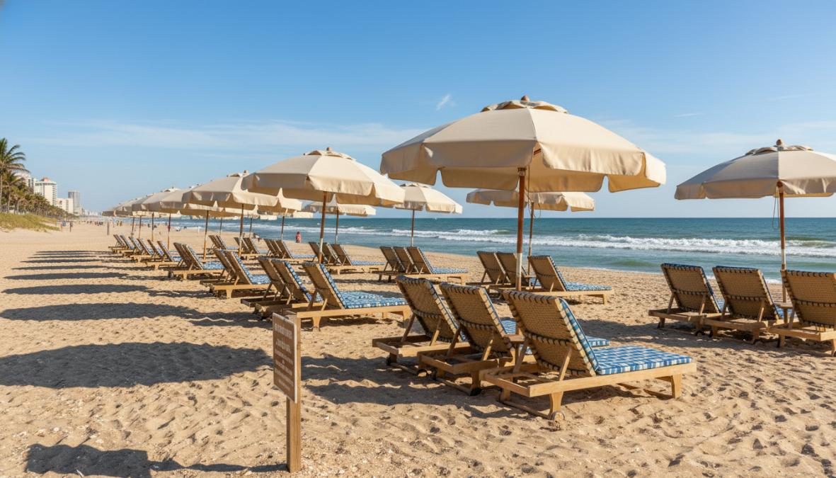 A family of four relaxing on a sunny Jacksonville Beach under a large striped canvas umbrella, two adults in lounge chairs and two children playing at the water's edge, bright midday sun, ocean waves visible in the background
