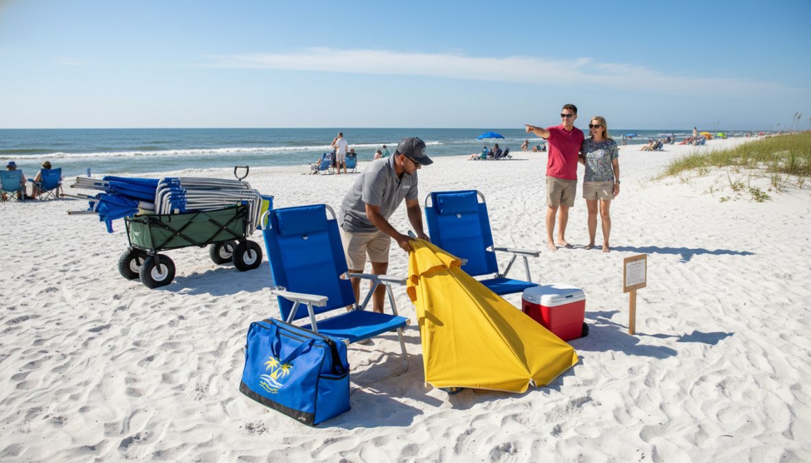 A smiling delivery person in a blue polo shirt unloading folded beach chairs, a striped umbrella, and a bright red beach wagon from the back of a white cargo van parked in the driveway of a pastel-colored coastal Florida vacation home, mid-morning sunshine