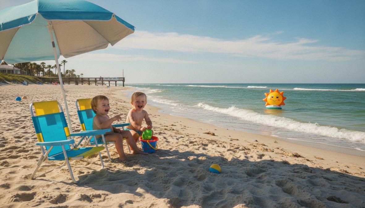 Happy toddler sitting comfortably in a small low-profile beach chair on a sunny Florida beach, shade umbrella overhead, calm Atlantic ocean waves in the background, bright midday light