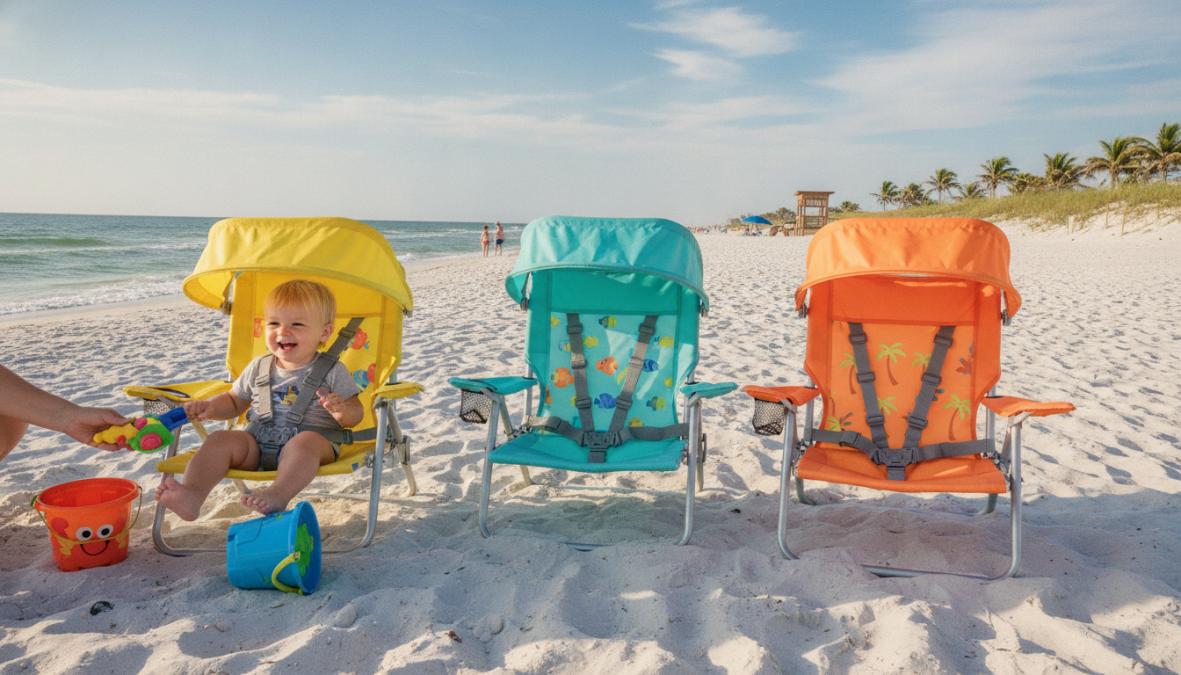 Young toddler sitting under a large beach shade canopy on white Florida sand, wearing a wide-brim sun hat, parent kneeling nearby applying sunscreen, colorful sand toys in the foreground, bright sunny beach day
