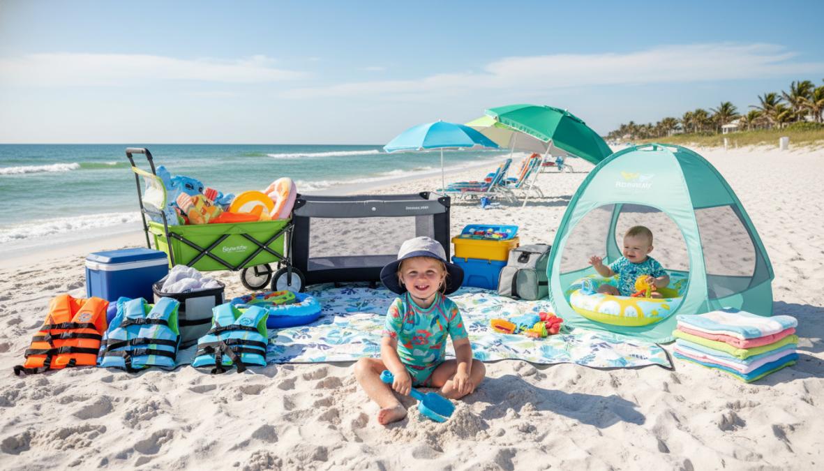 A happy family with a toddler and baby on a sunny Florida beach, sitting beneath a large white beach umbrella with colorful beach chairs, a beach wagon filled with toys nearby, and calm Atlantic waves in the background under bright midday light