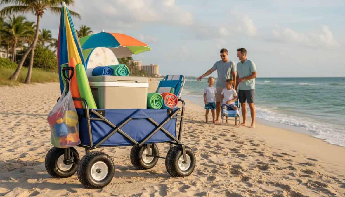 A delivery person in a branded shirt setting up a large beach umbrella and two folding chairs on the porch of a coastal vacation rental home, with a neatly organized beach wagon and cooler visible nearby in warm afternoon sunlight