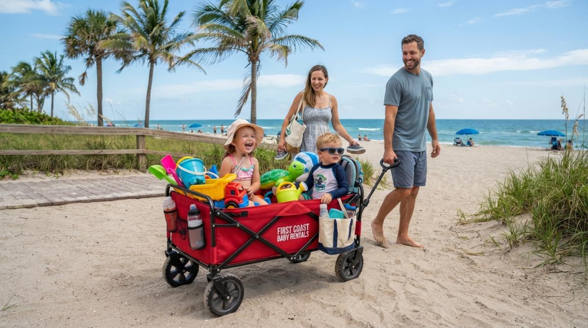 A toddler sitting in a colorful beach wagon filled with toys and supplies, being pulled across white sand near a Florida beach with palm trees and ocean in the background