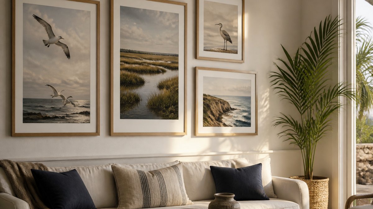 Coastal living room wall displaying framed art prints of seabirds, marshlands, and shoreline scenes in earthy tones and blues, with natural light highlighting the textures and artistic details of the artwork