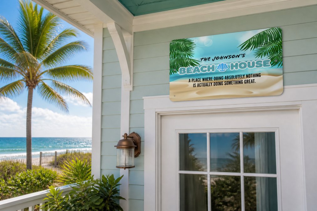 A welcoming beach house front entrance with a personalized aluminum name sign mounted on the exterior wall above the door, ocean visible in the background, showing how the sign enhances the home's curb appeal and coastal character