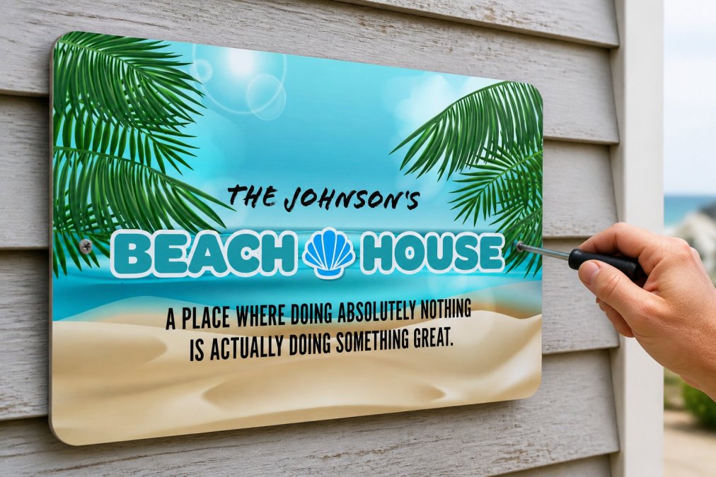 Close-up of a metal sign being mounted on a coastal home exterior, showing proper screw placement and stainless steel hardware installation on weathered wood siding, with a screwdriver in hand