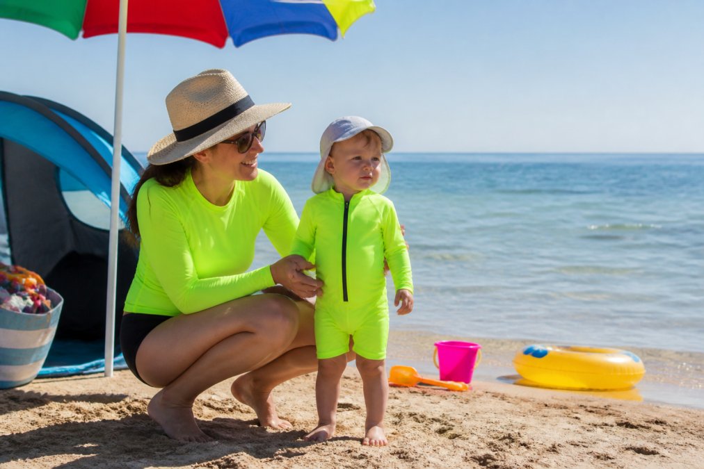 A parent and toddler on the beach wearing bright neon high-visibility swimwear with a wide-brimmed hat and rash guard, standing near a colorful beach umbrella and pop-up shade tent with calm water visible in the background