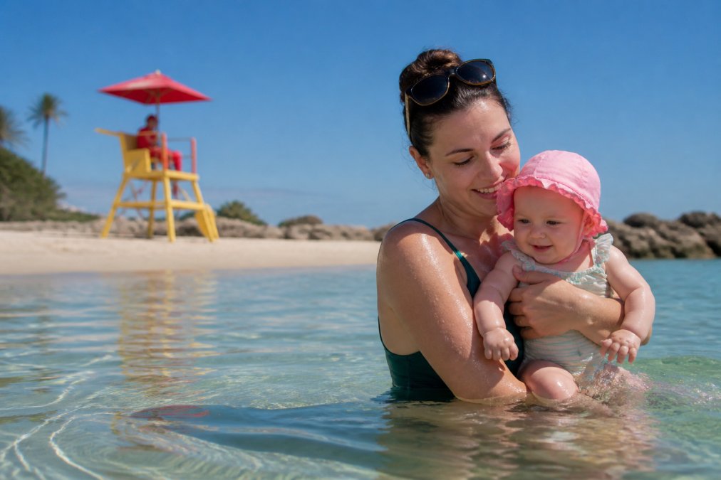A parent holding an infant securely in shallow beach water with a lifeguard station visible in the background, demonstrating close physical contact and active supervision in calm conditions