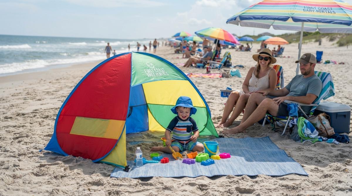 A toddler playing under a colorful pop-up beach tent on sand, with parents nearby and beach umbrellas visible in background