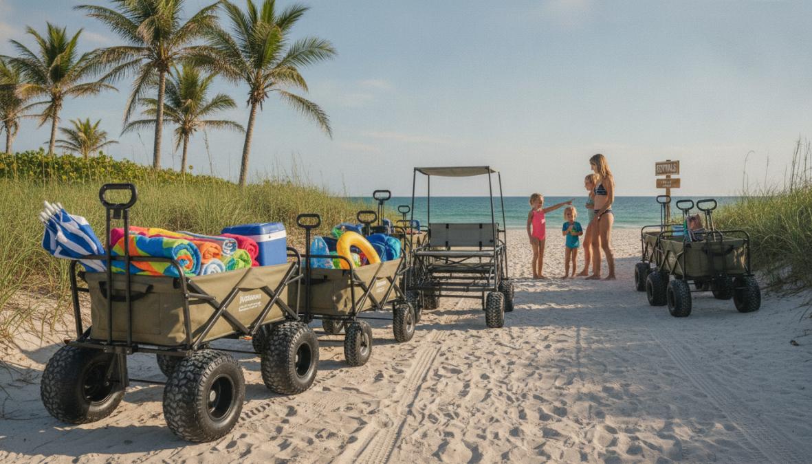 Young family with a toddler and infant loading colorful beach toys, a folded beach tent, and a small cooler into a collapsible wagon with large all-terrain wheels on a sunny sandy beach near the shoreline