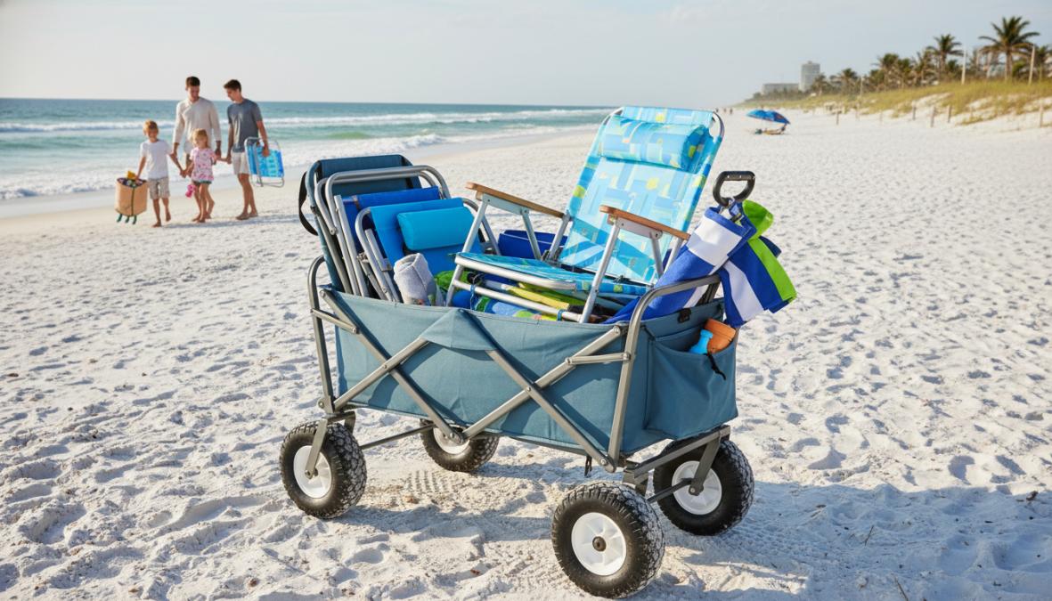 A family with two young children pulling a fully loaded heavy-duty foldable beach wagon across wide white sand on a bright Florida morning, beach chairs and umbrella strapped on top, the ocean visible in the background
