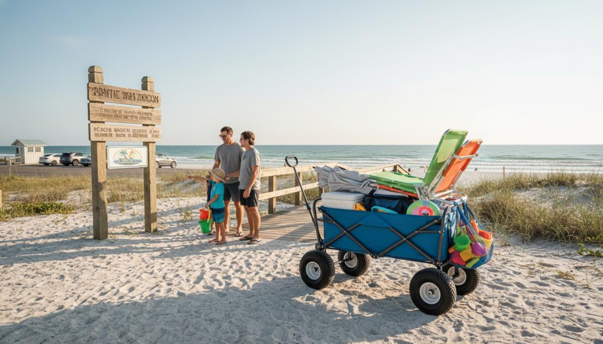 A parent loading sunscreen, snacks, baby gear, and folded towels into a collapsible all-terrain beach wagon near a wooden boardwalk beach access ramp on a bright Florida morning, palm vegetation visible on either side