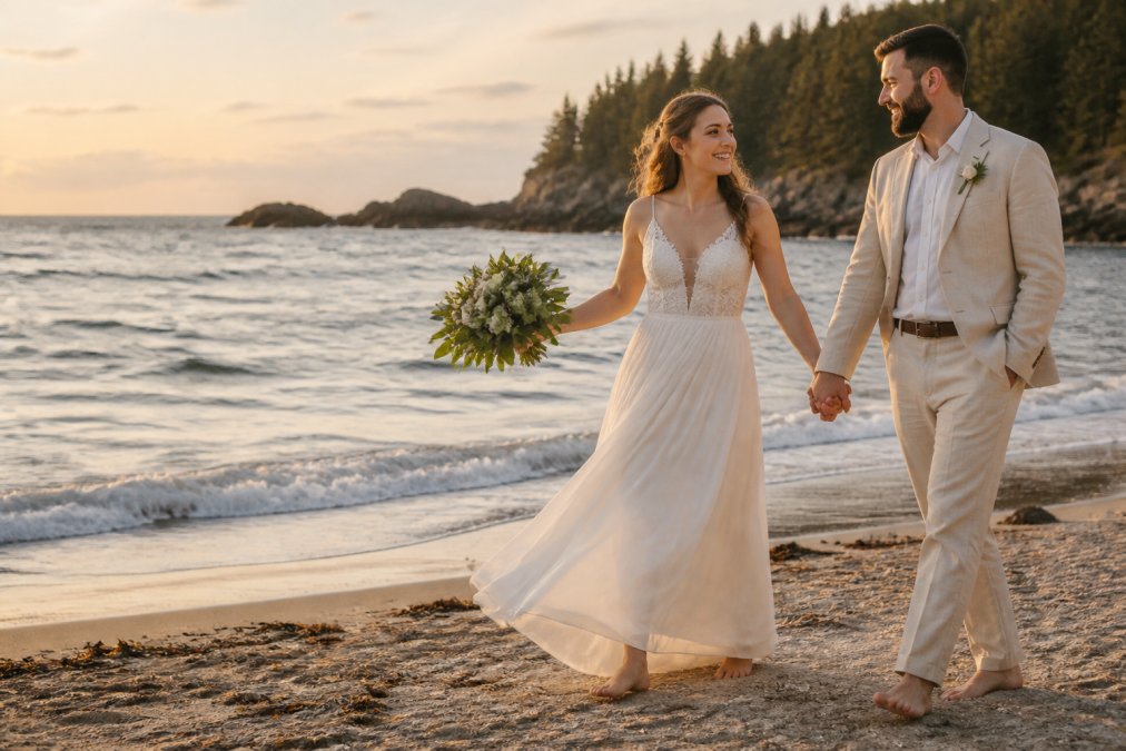 A bride in a flowing, lightweight chiffon gown standing barefoot on a red sand PEI beach at golden hour, the fabric lifting gently in a coastal breeze with soft waves visible behind her
