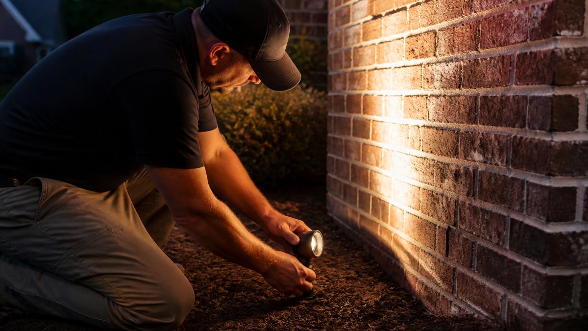 Technician adjusting a fixture to set the ideal beam angle brick uplighting on a textured home exterior at night.