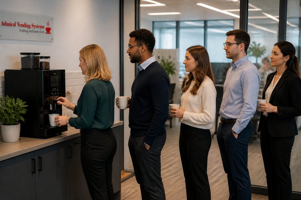 Office workers queuing at a bean to cup coffee machine during morning break time, with colleagues using the machine in a busy workplace setting