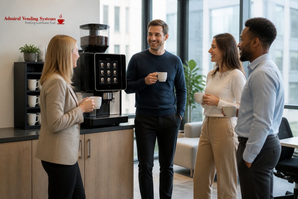 Office workers gathered around a modern bean to cup coffee machine during morning break, holding freshly prepared cappuccinos with visible crema and latte foam, natural office lighting through windows