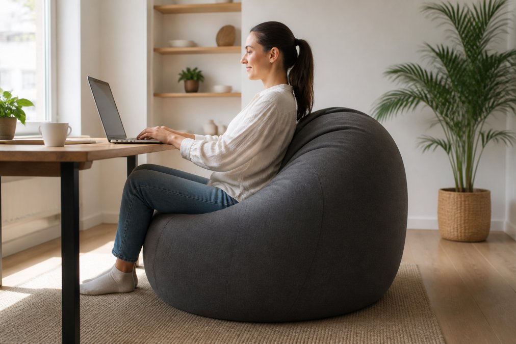 Personne travaillant confortablement assise sur un beanbag ergonomique à son bureau dans un petit espace lumineux, ordinateur portable positionné à hauteur des yeux, posture droite et détendue