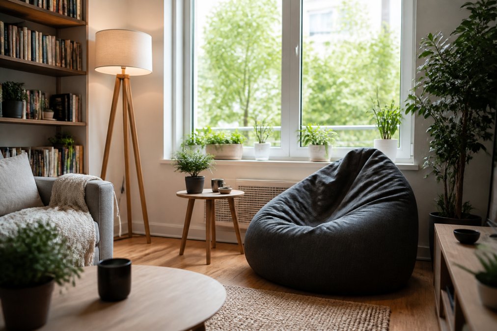 Petit salon bien organisé avec un beanbag compact positionné stratégiquement près d'une fenêtre avec vue, montrant comment l'espace est maximisé avec mobilier lounge minimaliste