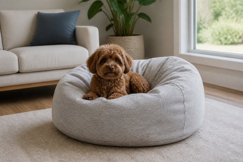 Petit chien brun assis confortablement sur un beanbag gris clair dans un salon moderne, lumière naturelle du jour entrant par une fenêtre