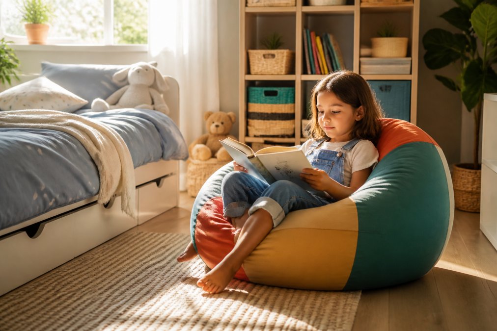 Child sitting comfortably on a colorful beanbag in a well-lit bedroom, reading a book with a peaceful expression while afternoon sunlight streams through the window