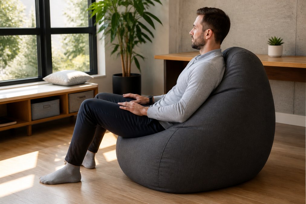 Adult sitting properly in a beanbag with good posture, back fully supported against reinforced lumbar section, feet flat on ground, in a bright home office with natural window lighting