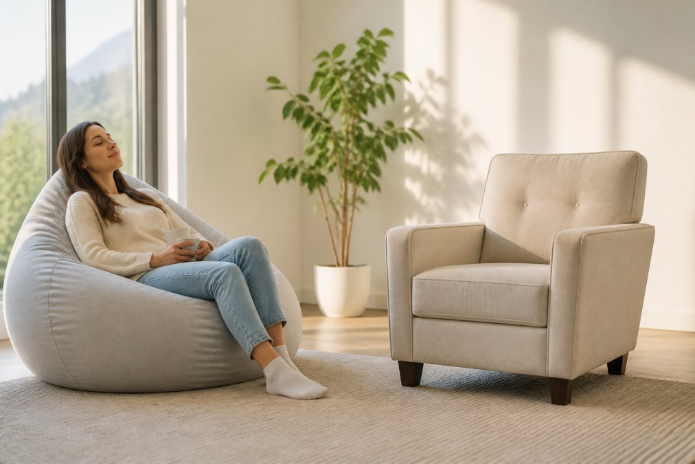 Personne assise confortablement dans un beanbag moderne, le corps bien soutenu par les billes qui épousent naturellement la silhouette, dans un salon lumineux avec lumière naturelle
