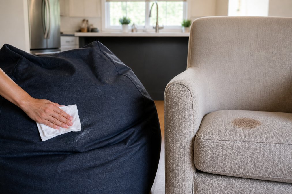 Gros plan d'une main nettoyant une housse de beanbag avec un chiffon humide, montrant la facilité d'entretien et la résistance du tissu dans une cuisine lumineuse