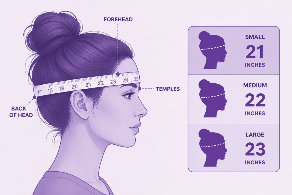 Diagram showing measurement tape placement around head at fullest point, with labeled zones for forehead, temples, and back of head, displaying example measurements: small head 21 inches, medium head 22 inches, large head 23 inches