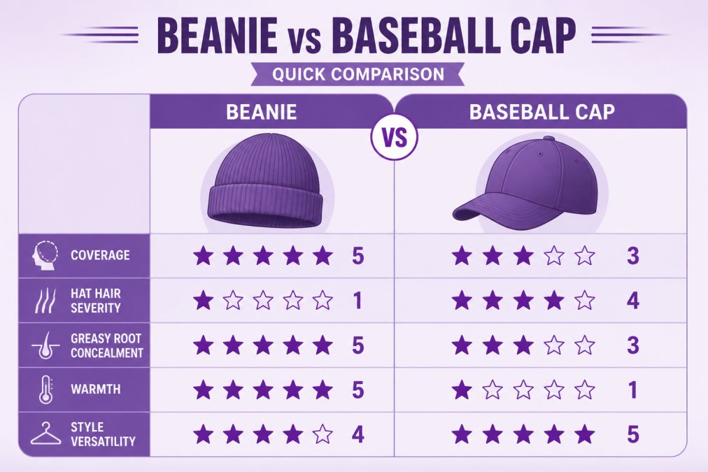 Comparison matrix of beanie vs baseball cap across coverage, hat hair severity, greasy root concealment, warmth, and style versatility, with 1-5 rating scale for each factor