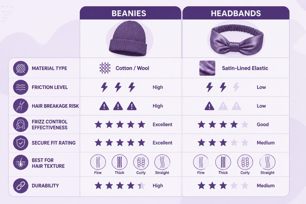 Comparison matrix showing Material type (cotton, wool, satin-lined elastic), friction level (high/medium/low), hair breakage risk, frizz control effectiveness, secure fit rating, best for hair texture (fine/thick/curly/straight), and durability for beanies vs headbands