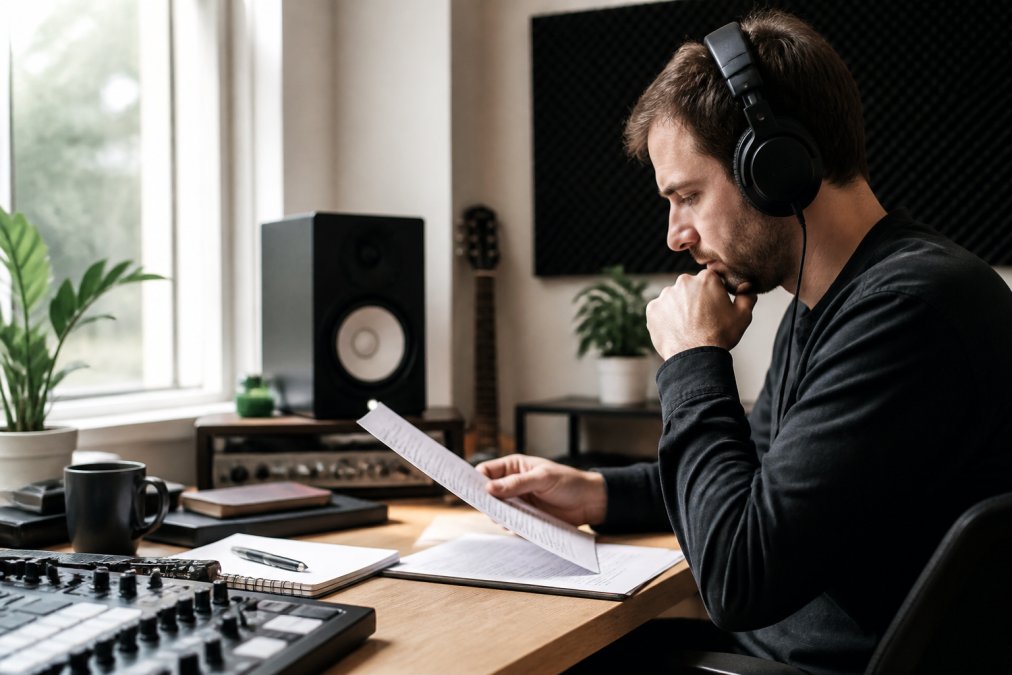 Music producer reviewing Beatport metadata on a computer screen at a desk with headphones and notes
