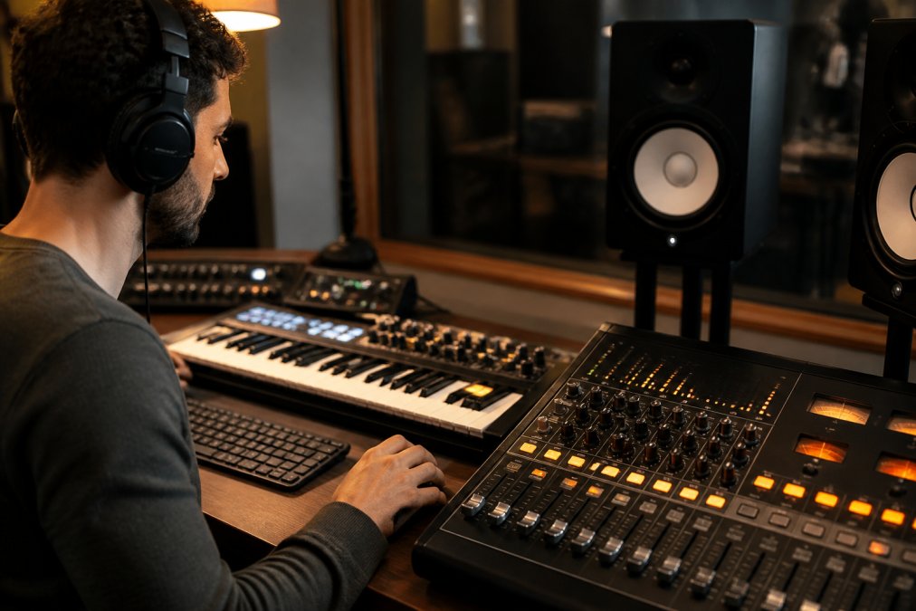 Music producer working on a beatport release strategy in a modern home studio with audio waveforms on monitors