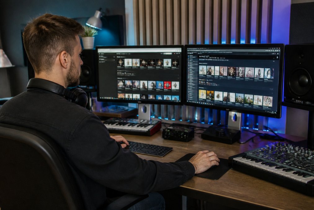 Professional music producer working at a studio setup with dual monitors displaying music distribution dashboards, Beatport and Traxsource interfaces visible on screens, headphones around neck, surrounded by audio equipment and MIDI controllers in modern studio environment with soft blue lighting