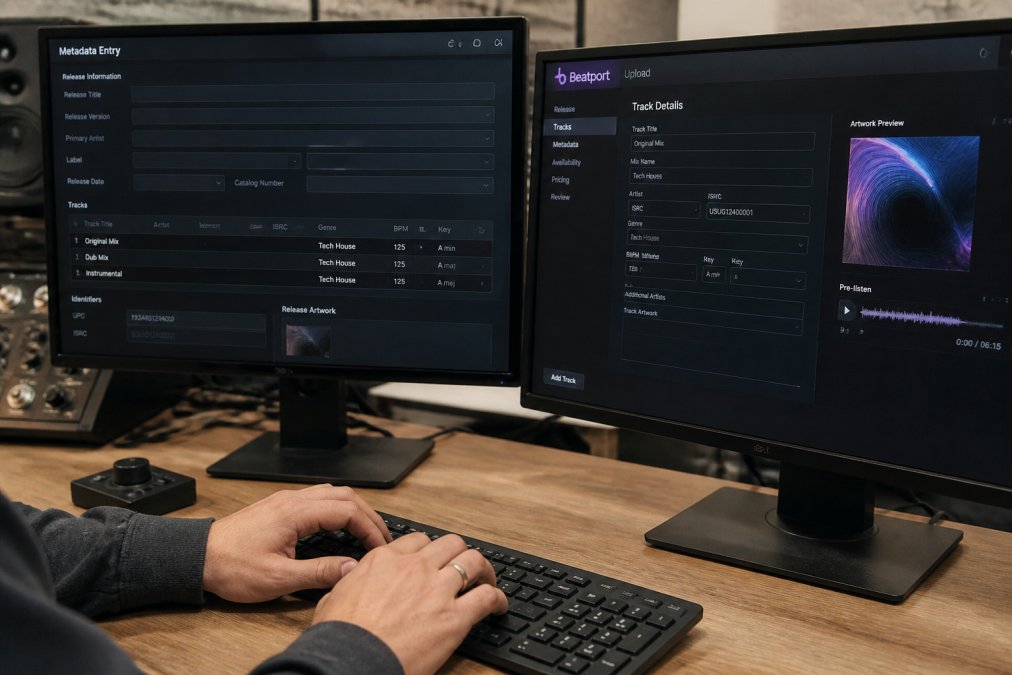 Close-up of hands typing on a keyboard with dual monitors showing metadata entry fields, ISRC codes, UPC numbers, release information, and Beatport upload interface with track details and artwork preview visible on screens in professional studio lighting