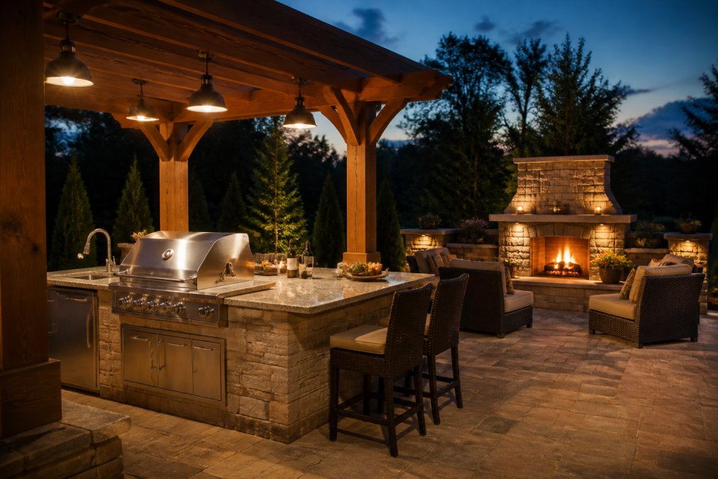 Finished outdoor kitchen and fire pit area at dusk with built-in grill, stone countertop, ambient warm lighting from overhead fixtures, comfortable seating area nearby, flames visible in stone fireplace