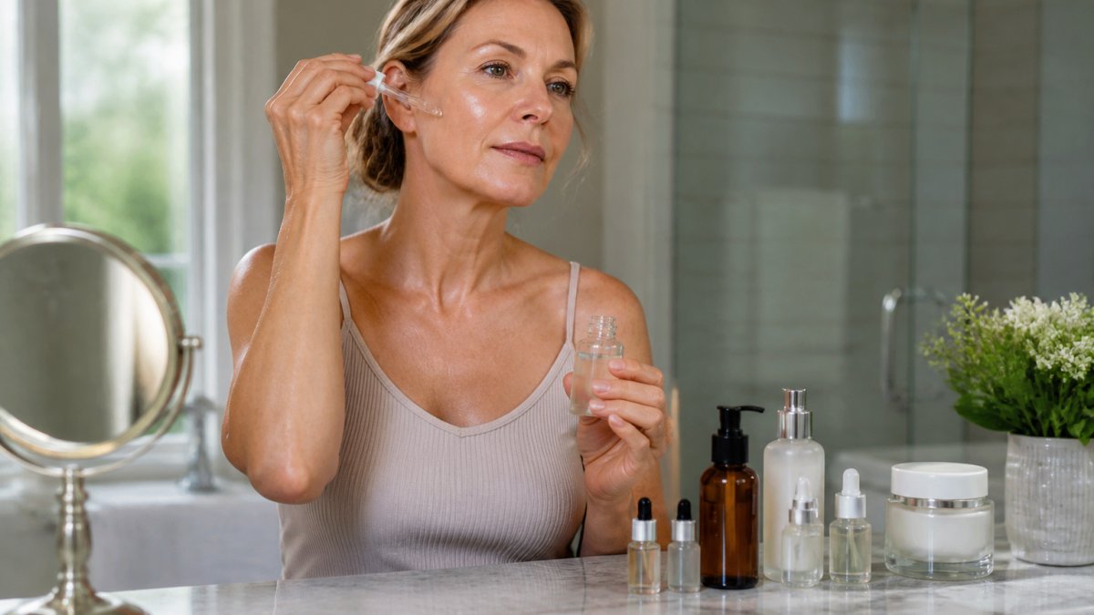 A woman in her forties applying facial serum at a bathroom vanity in soft morning light, skincare bottles arranged neatly on a marble counter beside her