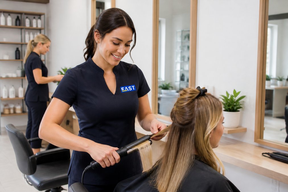Beauty therapist in a navy tunic and matching salon uniforms working at a bright, modern styling station