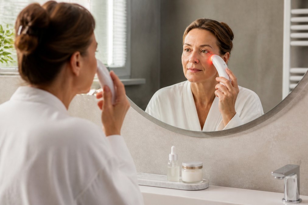 Frau Mitte 40 sitzt an einem hellen Badezimmerspiegel und führt ein LED-Beauty-Tool langsam über ihr Gesicht, daneben stehen Serum und Nachtcreme auf einer Marmorablage