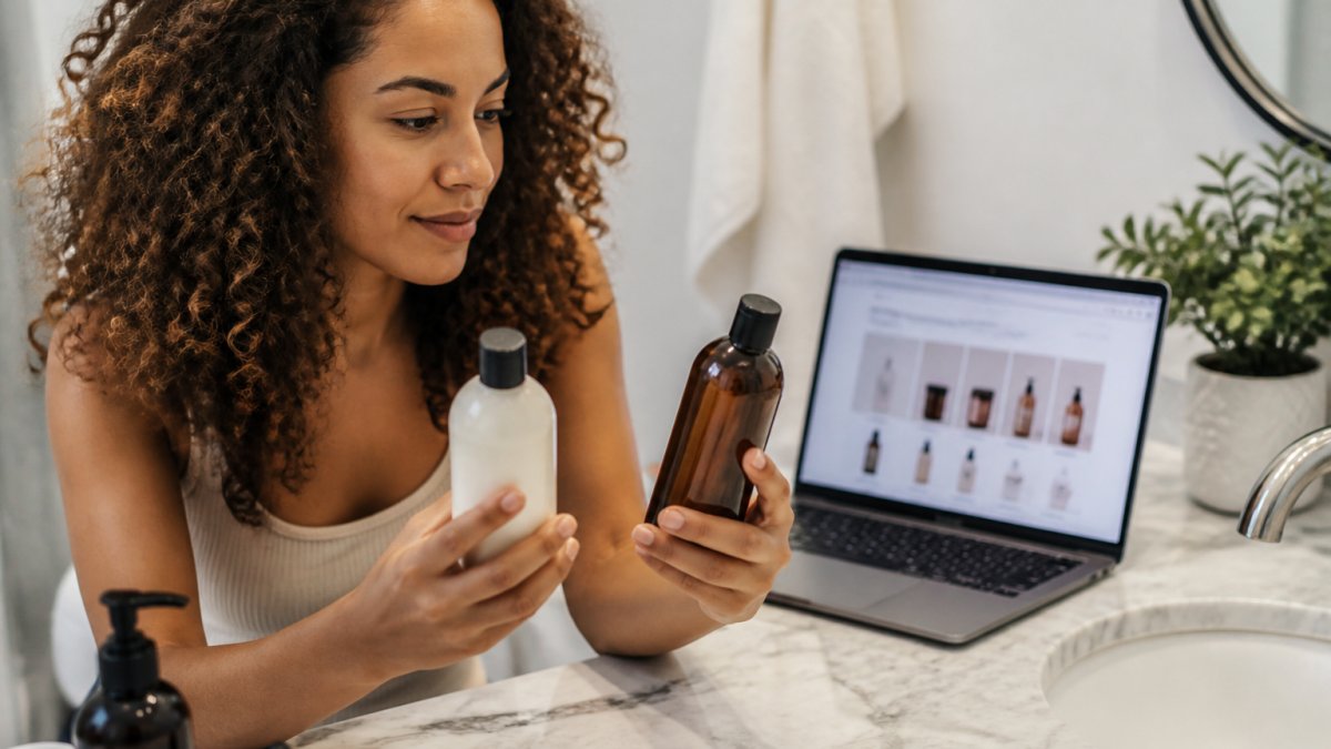 A woman with curly hair comparing two hair product bottles side by side on a bathroom counter, with a laptop open to an online store in the background