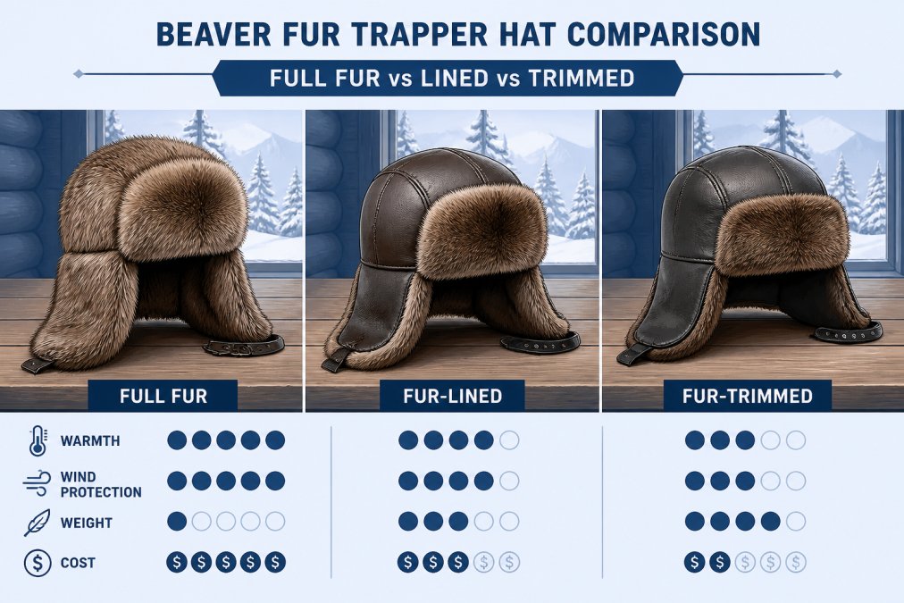 Comparison of a full beaver fur trapper hat, fur-lined, and fur-trimmed styles on a rustic wooden table.